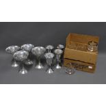 Set of six 'platinum' banded cocktail short glasses and various stainless steel goblets, etc (a lot)