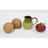 Collection of contemporary studio pottery to include a small green glazed jug and apple pot, both
