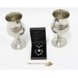 Modern heart pendant on white metal chain, pair of epns goblets and London silver coffee spoon (4)