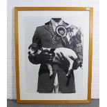 Large monochrome photographic print of a show jumper with dog, signed indistinctly and numbered 1/3,