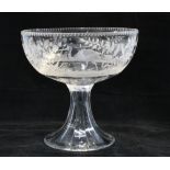 Glass comport / tazza, wheel engraved pattern of egrets within river foliage and flowers, on a facet