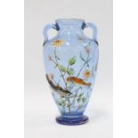 Late 19th century blue art glass vase, decorated in high relief with enameled fish swimming