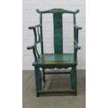 Chinese yoke back armchair, possibly elm or yewood with a distressed green paint finish, with a