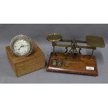 Set of brass postal scales and weights together with a vintage Smith's car clock, Cricklewood