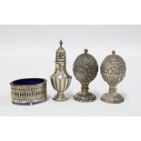 William Hutton silver pepper pot, an oval Birmingham silver salt with a blue glass liner and a