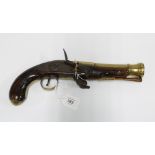 19th century blunderbuss pistol, brass barrel, lock plate indistinctly marked and barrel with