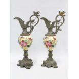 Pair of spelter mounted pottery urn vases, classical atyle with birds and butterflies, 37cm high (2)