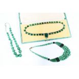 Art Deco steel marcasite and green hardstone necklace in original box, together with two strands