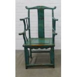 Chinese yoke back armchair, possibly elm or yewood with a distressed green paint finish, with a