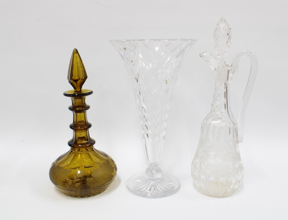 Amber glass triple ring neck decanter and stopper with etched acorn leaf pattern, a fruit and vine