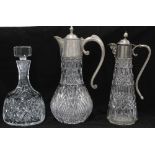 Two Epns mounted glass claret jugs and a glass spirit decanters and stopper (3)