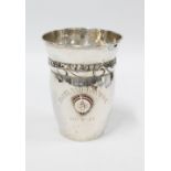 Danish silver beaker vase, circa 1921, with red and white enamel plaque and engraved inscription