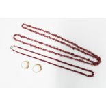 Ruby bead necklace with 925 silver clasp together with a strand of garnet beads, 9ct gold garnet and