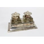 Hukin & Heath silver plated desk inkstand with two clear glass inkwells and pen tray, 18.5cm long