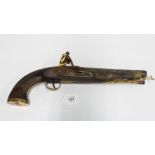 19th century flintlock pistol, 22cm steel barrel, engraved lock plate, brass trigger guard and