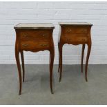 Pair of French kingwood parquetry bedside tables, marble tops with brass edging over two drawers