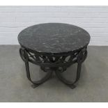 Occasional table, circular black marble top on open metal supports, 51 x 70cm