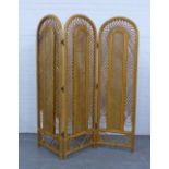 Vintage rattan folding screen, with three panels and two way hinges, each panel 172 x 50cm