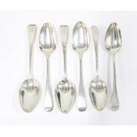 Six Georgian silver table spoons, old english pattern with engraved lion family crest, London