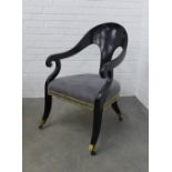Empire style ebonised open armchair with upholstered seat, sabre legs, 90 x 51 x 51cm