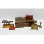 Victorian mahogany and brass bound writing box (a/f) early 20th century postal scales, brass