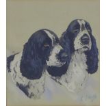 LW Fraser, watercolour of two black and white spaniels, signed and framed under glass, 21 x 24cm