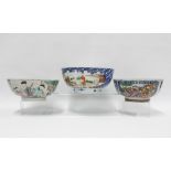Three 18th century Chinese porcelain punch bowls, (all a/f) (3) 26cm.