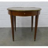 Mahogany centre table, the circular top with sunburst veneers and brass mounted, with a single