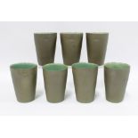 Set of seven studio pottery beskers, sage matt glaze exterior with gloss interiors, (7) 12cm.