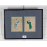 19th century Chinese pith painting, two male figures within a single glazed frame, size overall 37 x