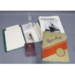 R.M.S Queen Mary collection to include ship documents, News articles, pictures, drinking glass