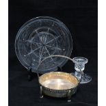 Secessionist silver plated basket, Stuart glass candlestick and a glass plate (3)