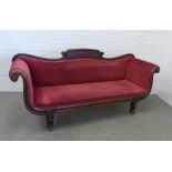 19th century mahogany settee with red velvet upholstery. 91 x 201 x 53cm.