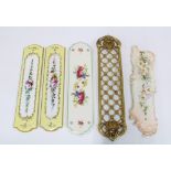 Collection of door finger plates to include Limoges and a brass trellis style plate, etc 31cm long (