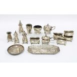 Collection of 19th & 20th century silver cruets to include salts, peppers, mustards and a circular