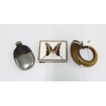 Scottish curly horn snuff mull (a/f), pewter mounted glass hip flask and a framed butterfly (3)