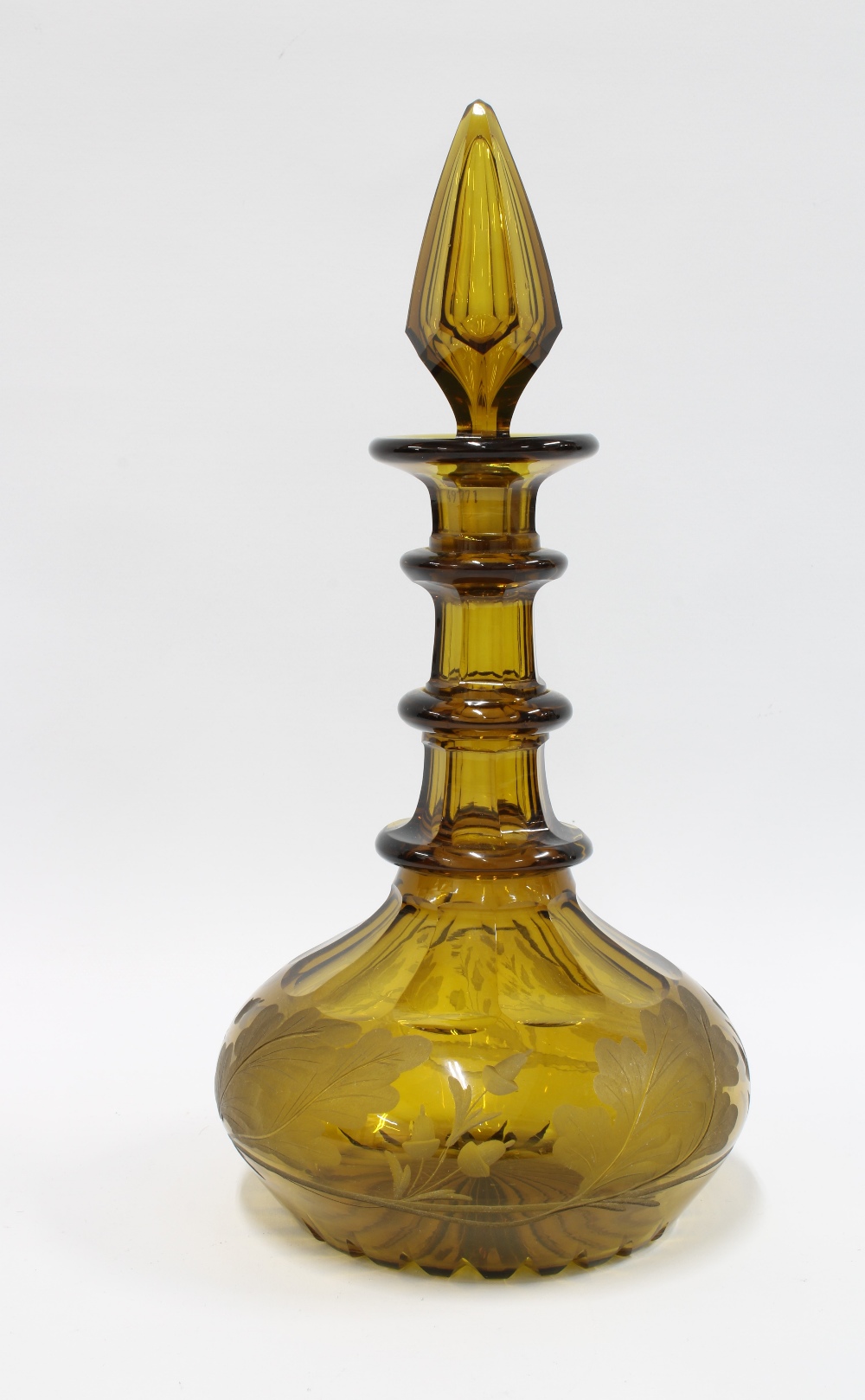 Amber glass triple ring neck decanter and stopper with etched acorn leaf pattern, a fruit and vine - Image 2 of 4