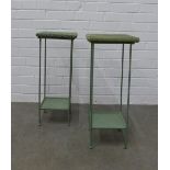 Pair of green painted wicker side tables, on tubular metal legs with square undertier 61 x 26cm (2)