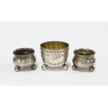 Pairi of russian silver salts and a Victorian Sheffield silver salt, 3cm diameter, (3)