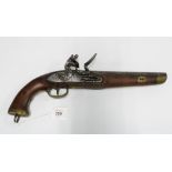 19th century flintlock pistol, 23cm barrel, brass guard and handle butt, 40cm long