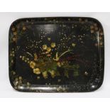 19th century toleware tray, large rectangular shape, painted with nesting birds amongst berries