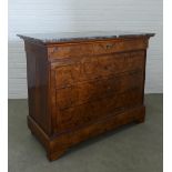 Empire style walnut commode with black marble top, four long drawers and plinth base, 102 x 131 x