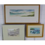 Rona Bird, watercolour of Scottish shore scene, 43 x 12cm, together with two smaller watercolours,