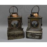 Pair of metal unpainted railway lanterns, LNER, one with a plaque for Barnwell JNC and one for
