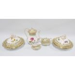 Spode botanical pattern tableware, to include a teapot, cream jug, sugar bowl and two serving dishes