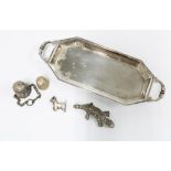 Silver plate trinket dish, two thimbles a thimble holder on chain and a platypus, etc (a lot)