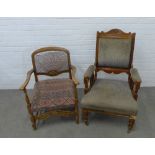 Late 19thc armchair with upholstered back, arms and seat, 103 x 68 x 62cm, together with a bergere