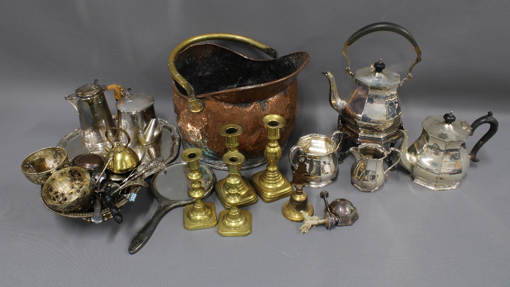 Collection of brass and Epns wares to include, knop stemmed candlesticks and a miniature bed warming