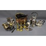 Collection of brass and Epns wares to include, knop stemmed candlesticks and a miniature bed warming