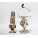 Silver basket / spoon stand, likely continental, stamped 900 together with a silver sugar castor,